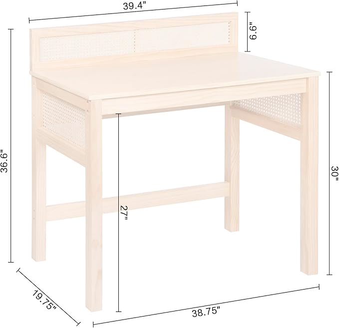 Carro 39 Cane Rattan Computer Desk Chic Woven Panels Decorative Back &amp Side Design Compact Home Office Table Workstation Light Oak