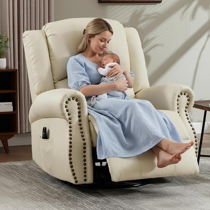PELUMY Breathable Leather Swivel Rocking Recliner Chair for Adults 360° Swivel Glider Rocker with Heat &amp Vibrating Massage Lounge Chair for Living Room Bedroom Nursery (Creamy Beige)