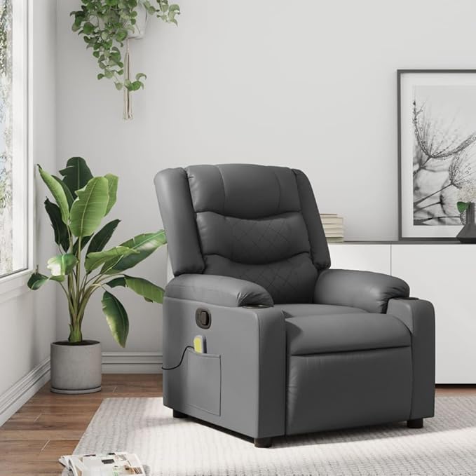 vidaXL Ergonomic Massage Recliner Chair-Adjustable Faux Leather Armchair w/Vibration Manual Recline Cup Holders for Living Room/Lounge-Gray