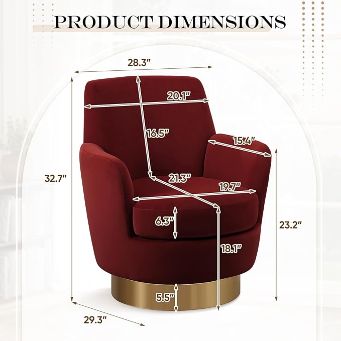 SLEERWAY 360° Swivel Barrel Chair Set of 2 28.3 Modern Velvet Round Accent Chair Comfy Upholstered Small Armchair with Gold Metal Base for Living Room Bedroom Nursery Office Sillas para Sala Red