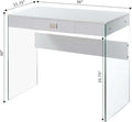 Pemberly Row Modern Desk with Clear Glass Panels 36 in White Wood Finish Particle Board and Melamine Contemporary Home Office Desk with Drawer for Living Room or Study