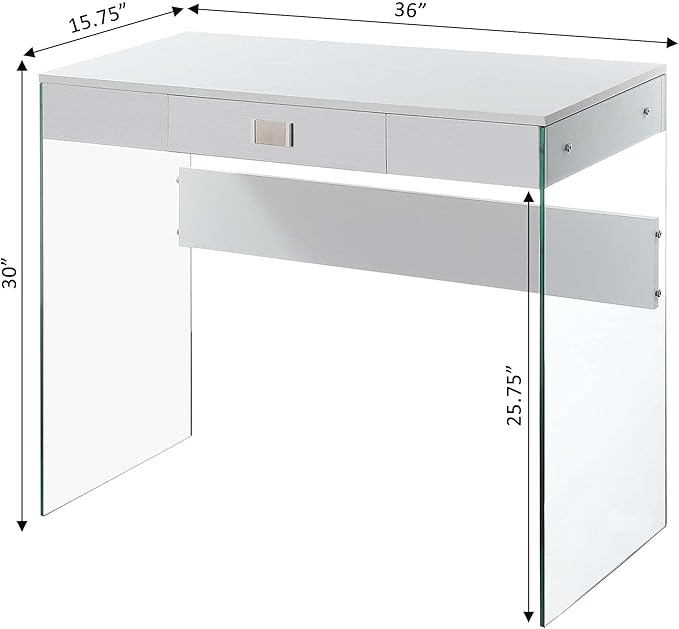 Pemberly Row Modern Desk with Clear Glass Panels 36 in White Wood Finish Particle Board and Melamine Contemporary Home Office Desk with Drawer for Living Room or Study