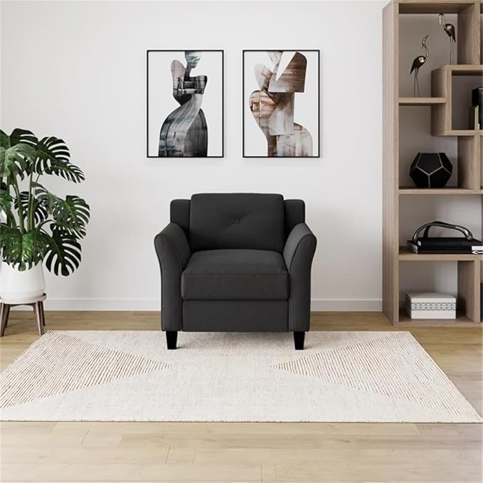 BOWERY HILL Transitional Accent Chair Black Microfiber Upholstery Curved Arms Tufted Back Cushions Solid Wood Frame and Legs 33.9 W x 31.5 D x 32.7 H Stylish Living Room or Lounge Seating
