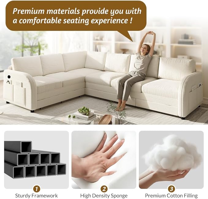 115.2 Sectional Sleeper Sofa with Pull Out Bed Comfy Teddy L Shaped Convertible Sleeper Couch Oversized Modern Modular Deep Seat Cloud Couches with USB Ports for Living Room Beige White