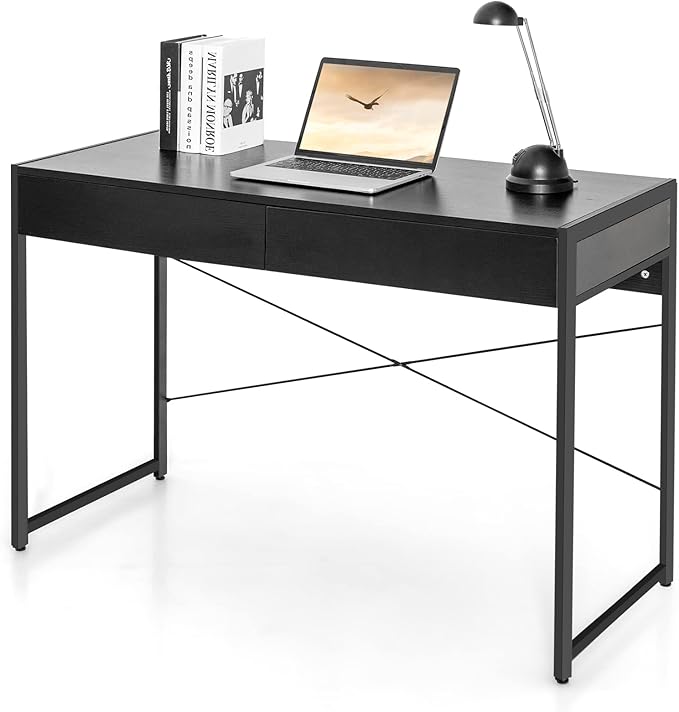 Tangkula Computer Desk with 2 Drawers Simple Wooden Study Writing Desk with Steel Frame 44 Inches Laptop PC Workstation Student Desk Home Office Desk Ideal for Bedroom &amp Office (Black)