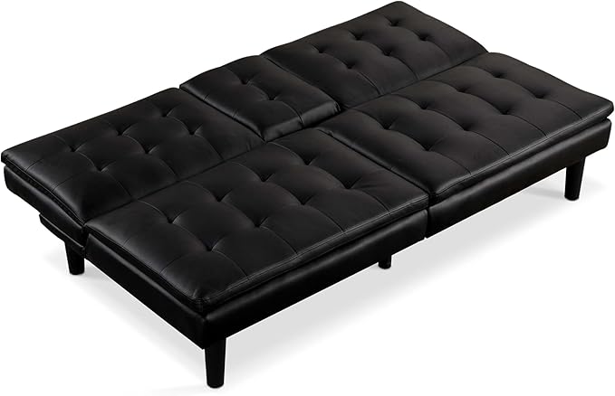 Furniture of America Fallein Modern Contemporary Wood 71.5-inch Futon Sofa Bed with Drop-Down Table Cup Holders USB-A Charger Biscuit Tufting for Bedroom Guest Room Black
