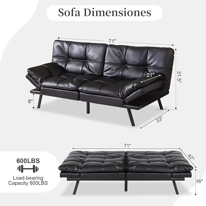 Opoiar Leather Futon Sofa Bed Convertible Memory Foam Foldable Couch Modern Sleeper Loveseat with Adjustable Armrests&ampBackrests for Small Spaces Office Studio Apartment Dorm Game Room