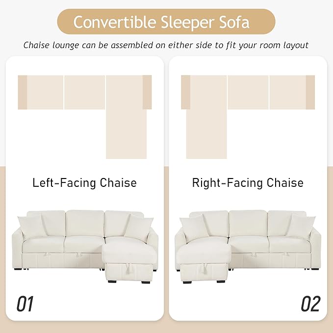 90 L-Shaped Sectional Sleeper Sofa with Reversible Storage Chaise Warp-Knitted Fabric Upholstered Modular Couch with Drop-Down Center Back Cushion with Dual Cup Holders for Living Room (Beige-10)