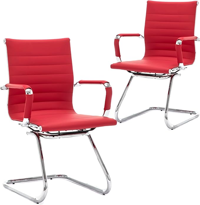CIMOTA Waiting Room Chairs Leather Office Guest Chair Mid Back Reception Chairs with Sled Base for Meeting/Patient/Conference Room Red Set of 2