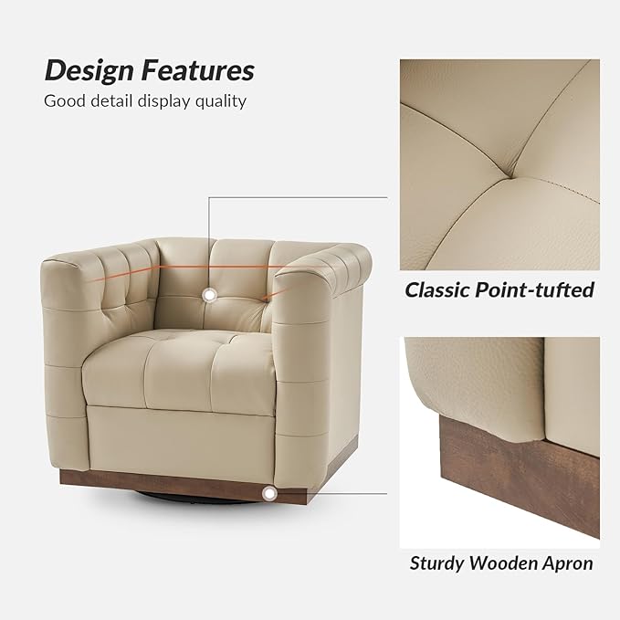 HULALA HOME Genuine Leather Swivel Accent Chair with Wooden Base Mid Century Modern Square Accent Chair for Living Room Bedroom Club Beige