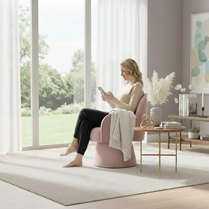 Swivel Chair with Armrest Modern Velvet Barrel Chairs with Curve Back Soft Cushion Comfy Accent Round Armchair Single Sofa for Living Room Bedroom Pink
