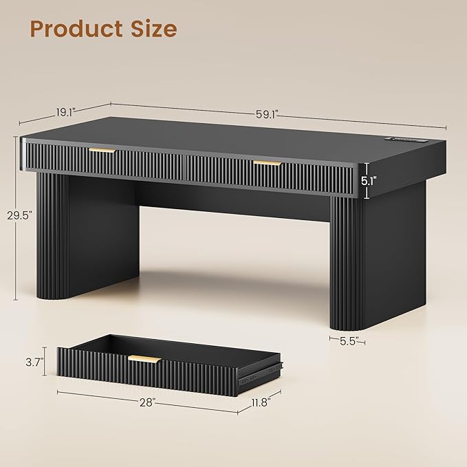SEDETA Office Desk with 2 Drawers 59 Fluted Computer Desk with Storage and Power Strip Wood Executive Desk Writing Desk for Home Office Living Room Bedroom Black