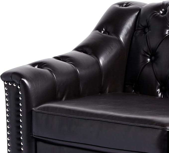 LEVNARY Chesterfield Loveseat Leather Upholstered Sofa with Button-Tufted Back Mid-Century Modern Sofa with Solid Wood Legs 2 Seater Couches for Living Room (Black)