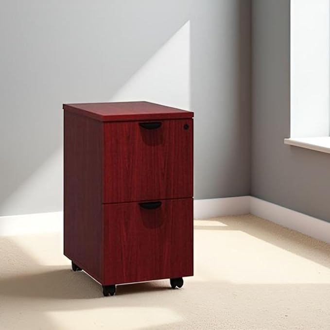 Compact Mobile Pedestal Mahogany Finish Under Desk File Cabinet Rolling Office Storage Drawer Unit Lockable Wood Organizer Furniture for Home Workspace Modern Executive Business Interiors