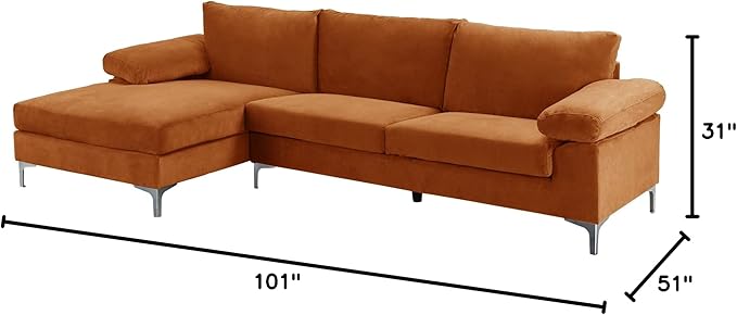Casa Andrea Milano Modern Large Velvet L-Shape Sectional Sofa with Extra Wide Chaise Lounge Couch