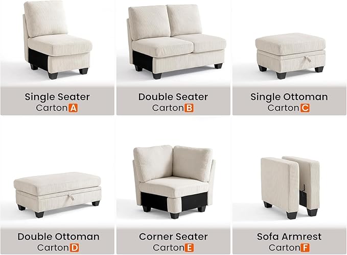 CHIC HOUSE Middle Module for Modular Couch Corduroy Customizable Chaise Storage Ottoman for Sectional Sofa Armrest Single/Double Seater
