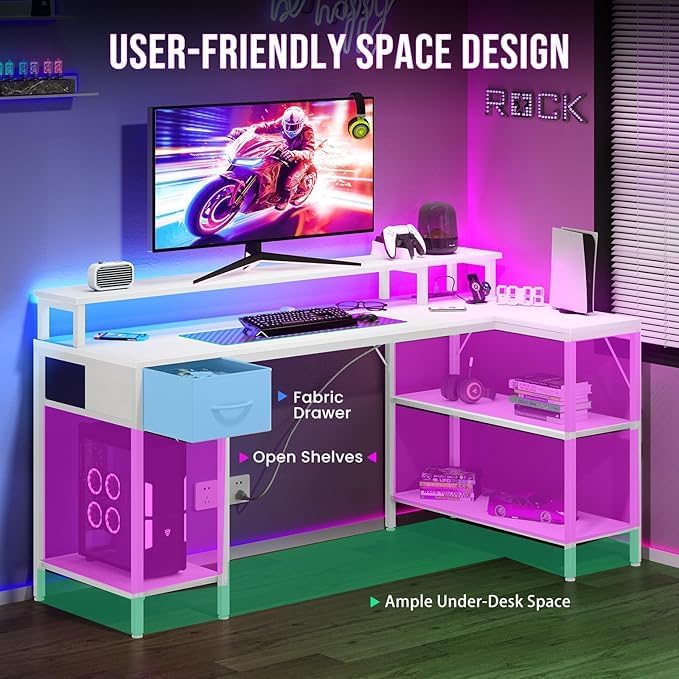 Alpen Gaming Desk 47 Inch L Shaped Desk with LED Lights Charging Ports Corner Desk Reversible Gamer Computer Desk with Shelves Drawer Monitor Stand for Home Office White