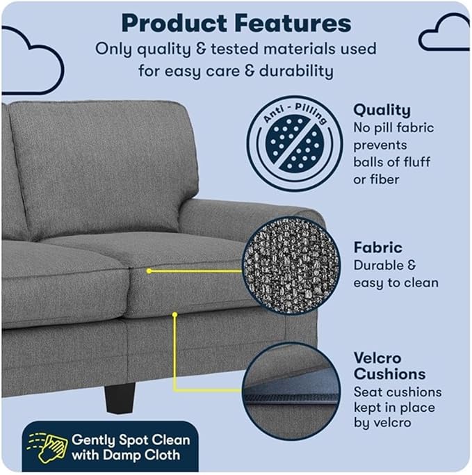 BOWERY HILL 61 Rolled Arm Loveseat Sofa Removable Covers Dark Gray Upholstery Compact Space-Saving Design Solid Wood Frame High-Density Foam Cushions Low-Profile Seating for Small Living Room