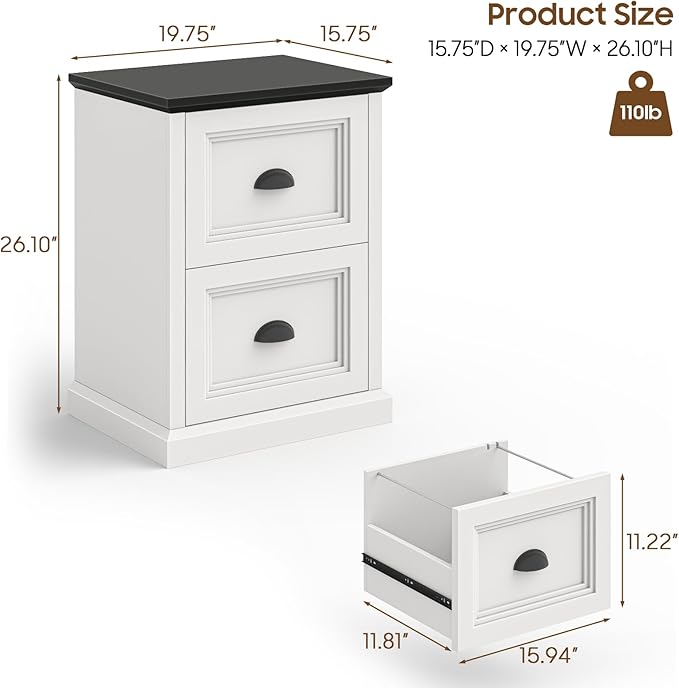Vertical File Cabinet Filing Cabinet with 2 File Drawers Farmhouse Small File Cabinet Fits Letter/A4 Size Wooden Printer Stand Under Desk Cabinets for Home Office White and Black