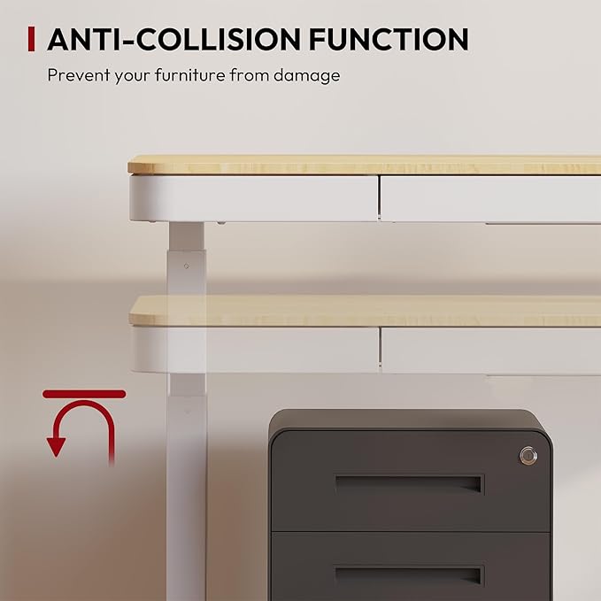 SANODESK Standing Desk with Drawer Electric Height Adjustable Home Office Desk with Storage &amp USB Ports 55 inch Maple Wood Tabletop/White Frame