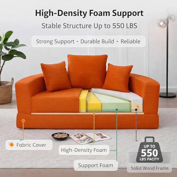 Convertible Round Sofa Bed 67 Corduroy Upholstered Loveseat Sleeper Couch Pull-Out Floor Bed with 3 Pillows No Assembly 550 lbs Weight Capacity (Orange)
