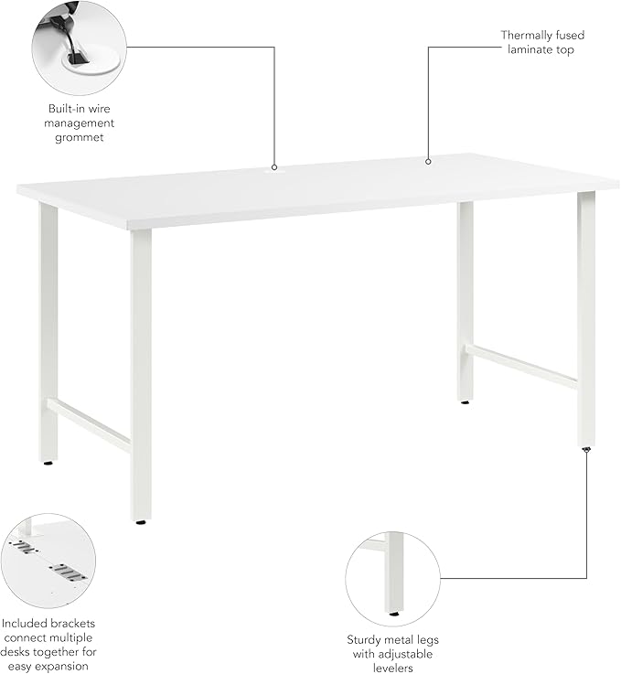 Bush Business Furniture Hustle 60W x 30D Computer Desk with Metal Legs in White Modular Office Table for Home and Professional Workspace