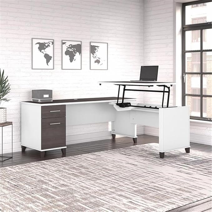 Pemberly Row Wood Sit to Stand L Shaped Desk 72W x 66D Adjustable 3 Position Height White and Gray Finish Engineered Wood Wire Management Office Desk with Drawers