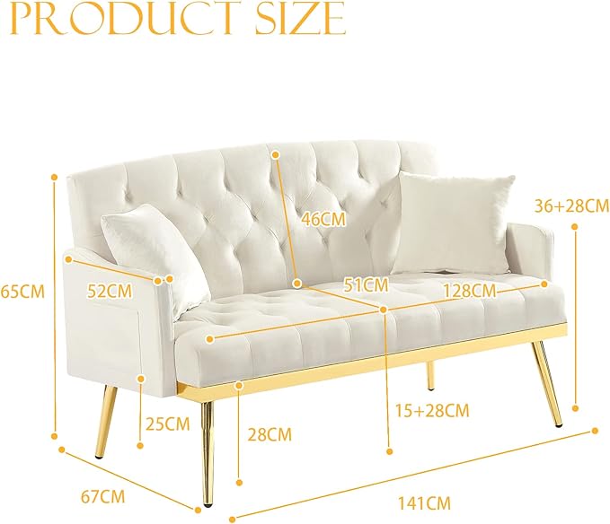 Antetek Upholstered Velvet Loveseat Sofa Modern Small Couch with Side Pocket and Golden Metal Legs Tufted Leisure Sofa for Living Room Bedroom Office Small Space Light Beige