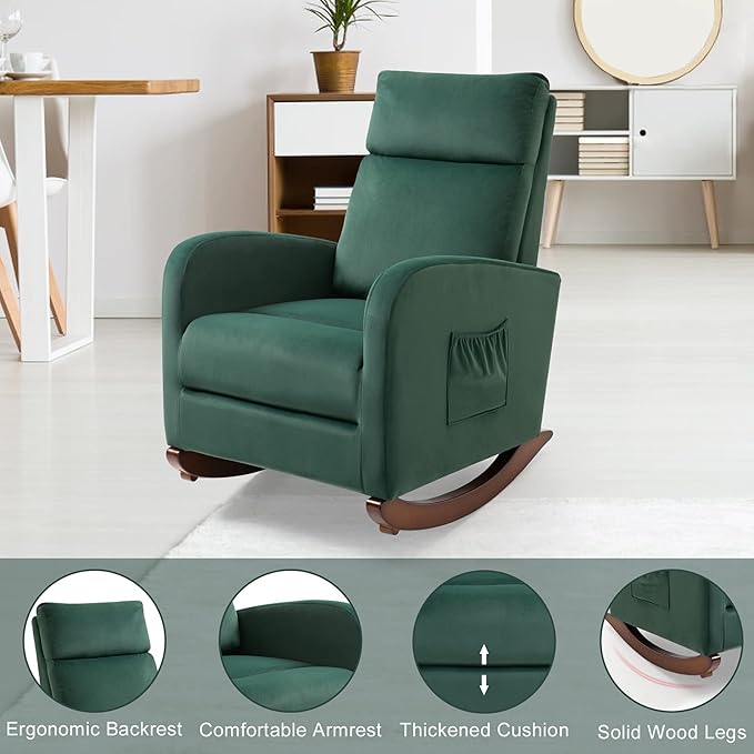 AVAWING Upholstered Rocking Chair Comfortable Glider Rocker with Solid Wood Legs High Back Modern Rocker with Side Pocket for Nursery Living Room and Bedroom Green