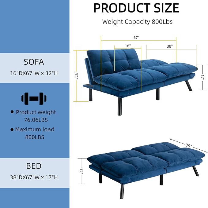 71-inch Microfiber Upholstered Futon Sofa Bed - 2 Seats Adjustable Arms/Back Iron Legs | Convertible to Sleeper for Main Living Spaces Bedrooms Offices (Navy Blue+2Seat)