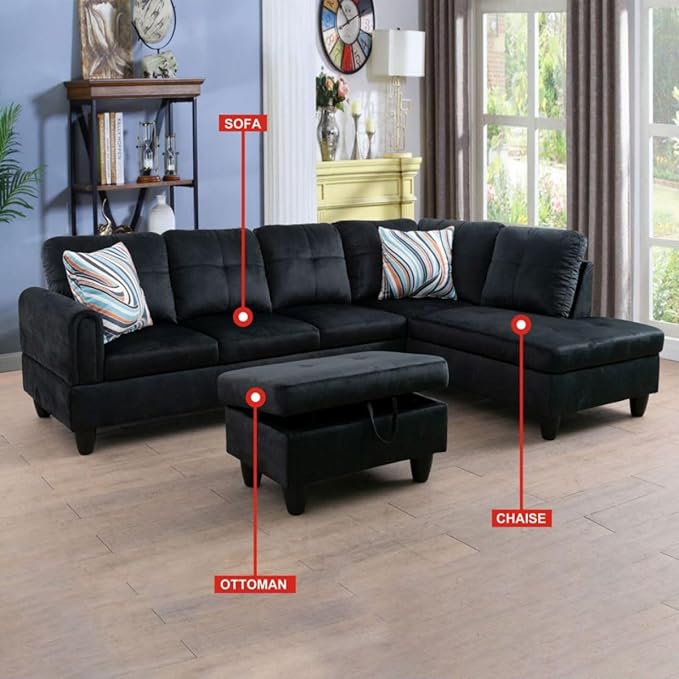 Black L-Shaped 3-Piece Flannel Sofa with Storage Ottoman Set Sectional Couch Sofa Set for Living Room Office Small Space