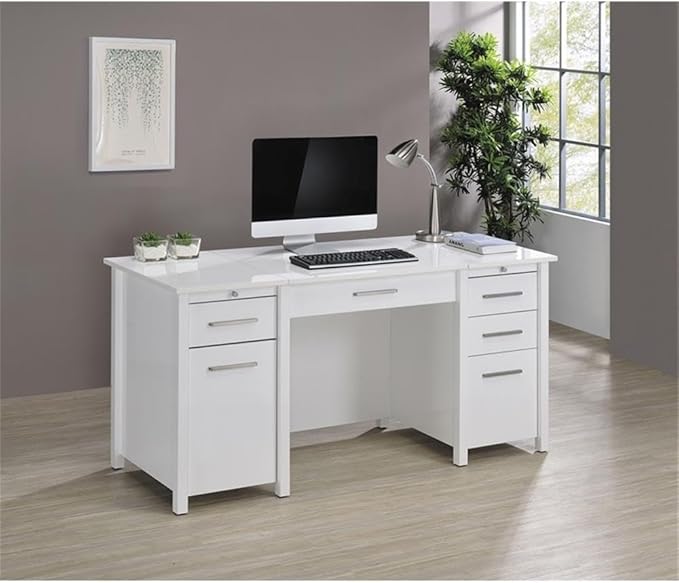 BOWERY HILL Contemporary Wood Lift Top Home Office Desk High Gloss White Finish 60 in Wide MDF and Particle Board Construction 4 Drawers Storage Trays Ergonomic Workspace