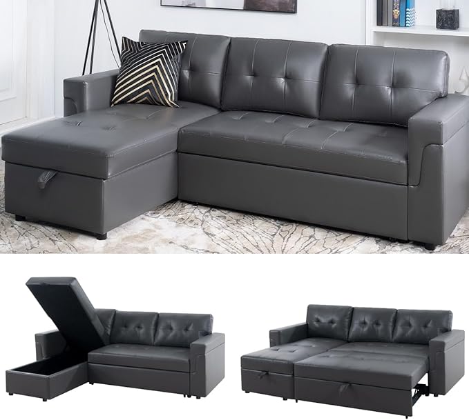 Naomi Home L Shaped Sectional Couch with Storage &amp Pull Out Bed – 3-in-1 Convertible Sleeper Sofa Bed Small L Shape Sofa for Living Room Sofa Bed with Storage Chaise in Dark Gray Air Leather