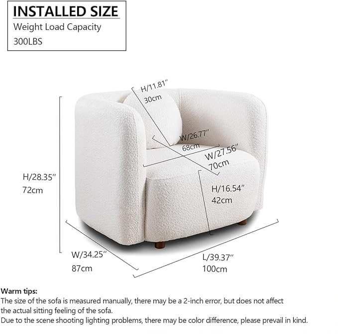 39 W Barrel Chairs Set of 2 Mid-Century Modern Boucle Accent Chairs with Armrests and Pillow Upholstered Barrel Sofa Chair Set for Living Room Bedroom Apartment No Assembly White