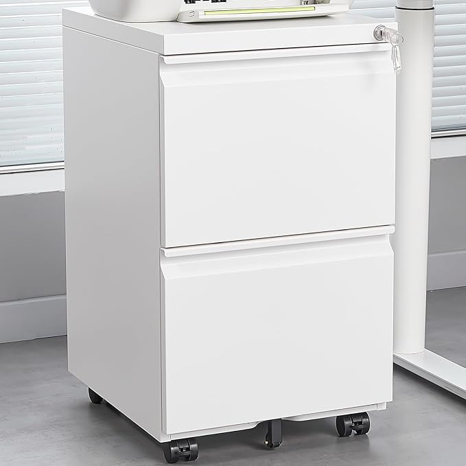 2 Drawer White File Cabinet with Lock Under Desk Storage Filing Cabinets with Wheels Small Rolling Metal Office Cabinet for Home Office Legal Letter and A4 Files