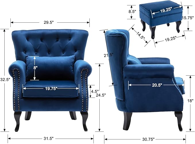Mid Century Modern Accent Chair Upholstered Armchair Comfy Velvet Tufted Wingback Single Sofa with Ottoman for Bedroom Living Room Blue