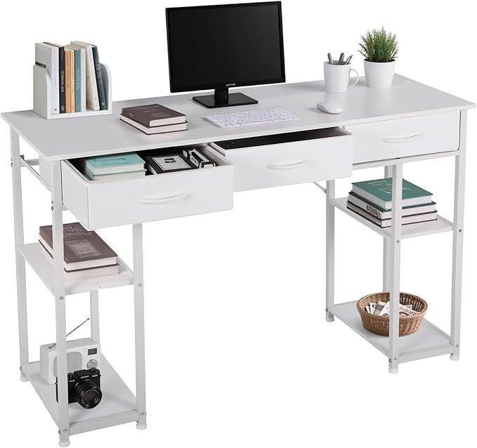 FAHKNS 47 Inch Computer Desk with 3 Fabric Drawers Small Computer Table with 4 Storage Shelves Minimalist Style Home Office Desk for Working Studying and Writing White