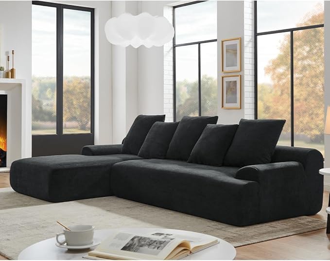 WILLIAMSPACE 110.25 Black Velvet Sectional Sofa Cloud Sponge Couch with Pillows Modular Floor Compressed Upholstered L-Shape Sofa Foam 4 Seater Couch for Living Room No Assembly Left-Facing Black