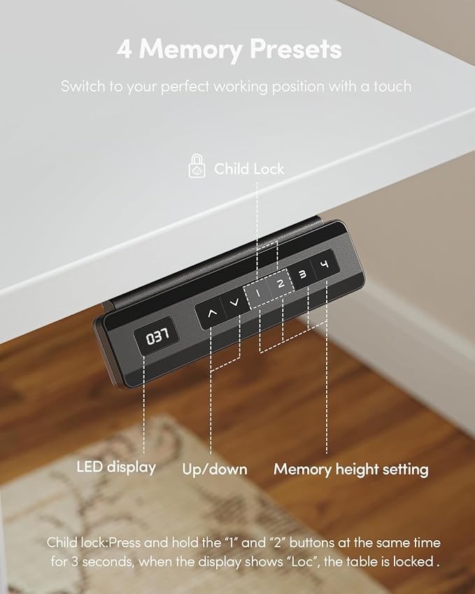FEZIBO One-Piece Standing Desk Adjustable Height Stand up Home Office Desk 48x24 Inch Electric Standing Computer Desk with 4 Memory Presets Headphone Hook White