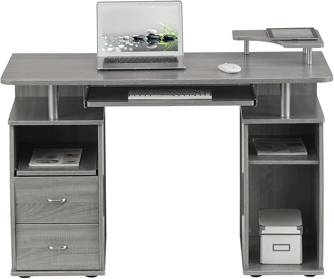 Computer Workstation Desk with Shelf &amp Drawers - Gray Home Office Desk