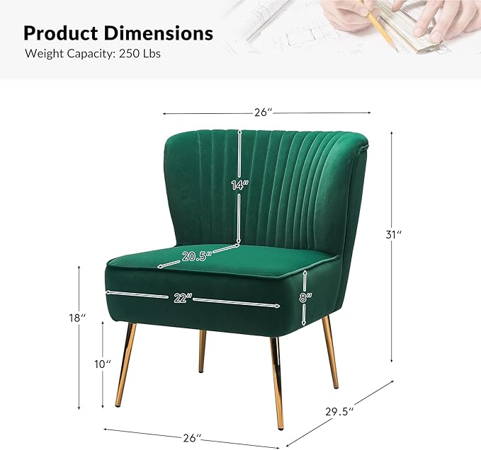 Tina's Home Velvet Armless Accent Chair Upholstered Modern Small Side Chair with Golden Legs Comfy Cute Wingback Slipper Chair for Living Room Study Beauty Room Thickly Padded(Green)