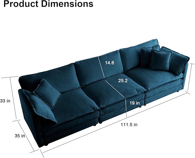 KIVENJAJA Chenille Modular Sectional Couch Modern 3 Seater Comfy Deep Seat Cloud Sofa with 5 Pillows for Living Room Bedroom Office Apartment 111.5”W Blue