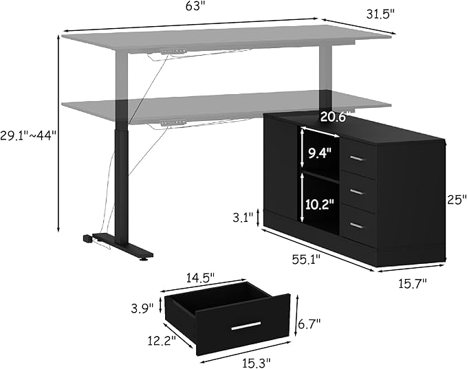 63 W L-Shaped Electric Standing Desk with Cabinet Height Adjustable &amp Reversible Corner Computer Desk with Drawers &amp Storage Shelves for Home Office Black