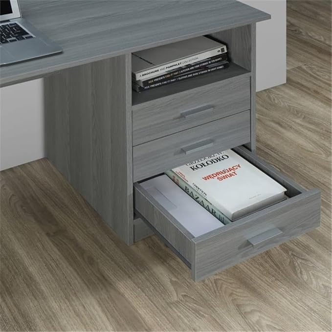 Pemberly Row Contemporary Writing Desk 51.25 in Wide Gray Finish Heavy-Duty Particle Board and Steel 3 Drawers Side Shelf Large Workstation or Drafting Table for Office or Home Use