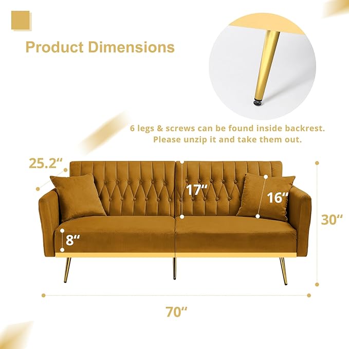 70” Velvet Futon Sofa Bed with 2 Pillows and Adjustable Armrests Convertible Sleeper Bed W/Adjustable Backrests Modern Loveseat for Living Room Bedroom Ginger