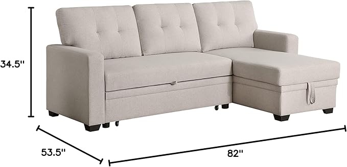 ACQCA 82 L-Shape Sleeper Sectional Sofa with Storage Chaise and Pull-Out BedConvertible Sofa Bed Sectional Couch for Living RoomApartmentOfficeBeige