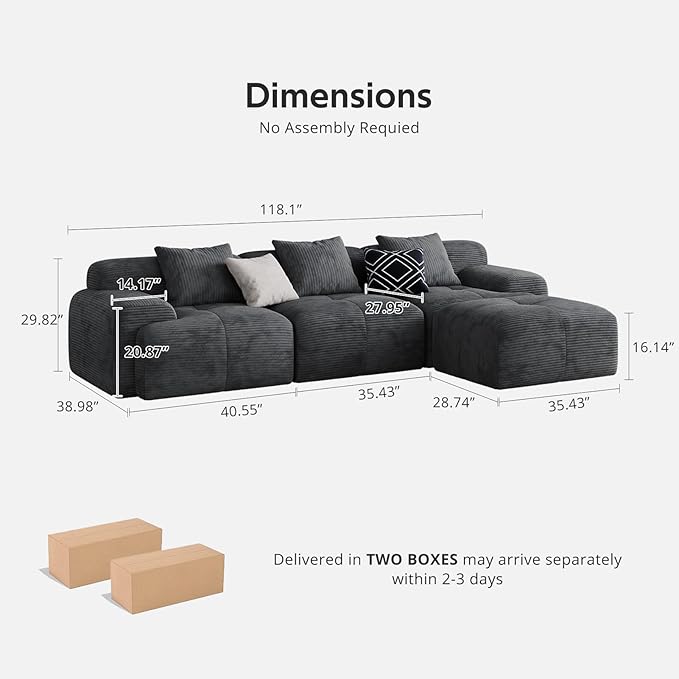 Modern L-Shaped Modular Sectional Sofa for Living RoomOversized 3-Seater Couch with Deep Seat and Movable Ottoman – No AssemblyComfortable Suede Fabric Boneless Sofa(Dark Gray) (Dark Gray)