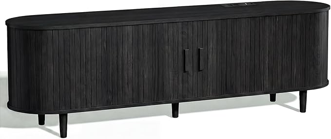 65 Mid Century Modern TV Stand Wood TV Consoles with Sliding Doors and Power Outlet Fluted Entertainment Center with Adjustable Shelves Media Console for Living Room Black
