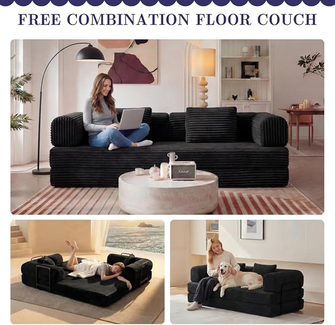 74 Compression Sofa Convertible Floor Sofa Bed with Pillow Back Support ArmrestComfy Futon Couch Sleeper BedLoveseats Boneless for Living RoomBedroom (Black)