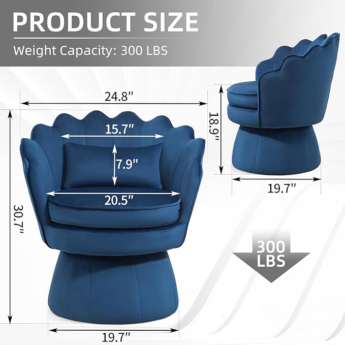 Swivel Barrel Chairs Set of 2 Small Accent Armchair Navy Blue Velvet Upholstered Mid-Century Modern Style for Living Room/Bedroom/Waiting Room for Relaxing &amp Reading Pillow Included